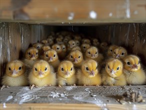 Small chicks huddled together inside a brooding box looking curiously, AI generiert, AI generated