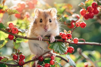 Cute hamster sitting in tree with berry fruits. KI generiert, generiert, AI generated