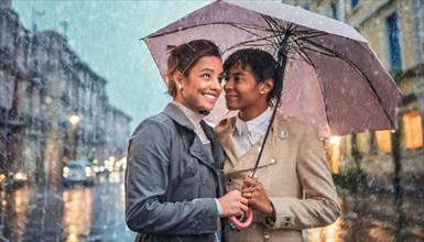 A couple sharing a close moment under an umbrella on a rainy city evening, blurry city background