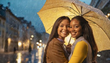 Two smiling friends sharing an umbrella on a rain-soaked city street, AI generated
