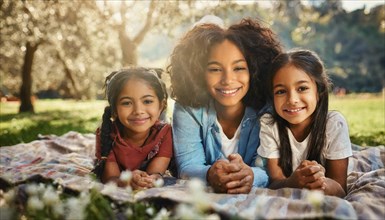 Three smiling young sisters enjoying a sunny day outdoors on a picnic blanket, AI generated