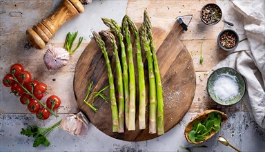 Fresh asparagus on a wooden board surrounded by tomatoes, garlic and spices, ready to cook, green