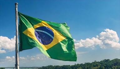 Flag, the national flag of Brazil flutters in the wind