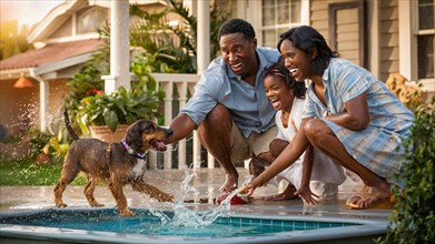 A family with smiles playing with a dog near a water pool outside their home, AI generated