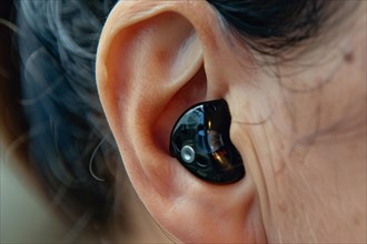 Small black hearing aid in person's ear. KI generiert, generiert, AI generated