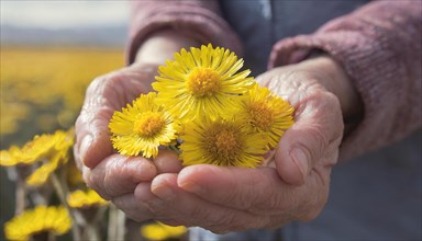 Hands of an elderly woman holding coltsfoot flowers, in the background gentle mountain hills,