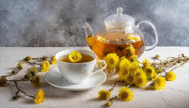 Teatime with yellow flowers around the teapot and cup, medicinal plant coltsfoot, Tussilago
