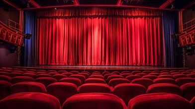 A modern, empty theater with a huge red curtain and neatly arranged rows of seats. Generative AI,