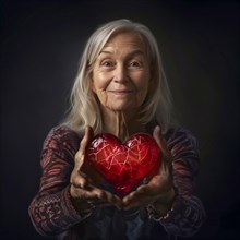 Joyful older woman with white hair holding a red heart-shaped object and smiling, AI generated