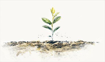 Watercolor illustration of a small tree sprout emerging from the ground AI generated