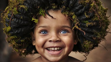 A smiling child with moss-covered hair, bright blue eyes emanating joy, moss growing and thriving,