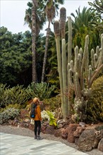 Tourist woman with hat enjoying and strolling in a tropical botanical garden with many captus