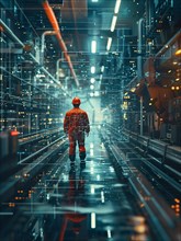 Man walking down a futuristic corridor with digital graphics overlaid on the scene, AI generated