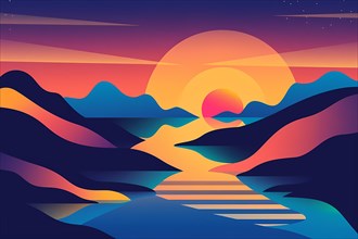 An abstract vibrant sunset over mountains with a river reflecting the warm colors, illustration, AI