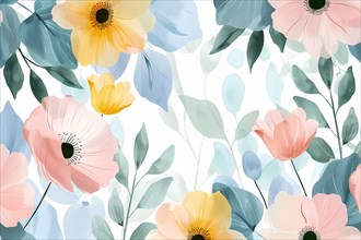 Bright and colorful floral pattern with pink, yellow, and blue flowers and green leaves,