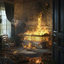 A burning children's room with flames surrounding a bed, AI generated