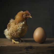 A chicken next to an egg on a wooden surface in front of a dark background, AI generated