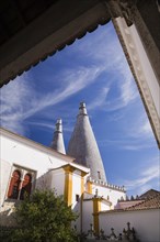 Inner courtyard architectural details and the chimney stacks at the National Palace of Sintra,