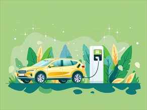 Yellow electric SUV being charged at a charging station surrounded by foliage, illustration, AI