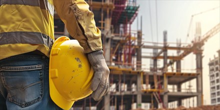 Banner with construction worker holding yellow safety helmet with construction site with building