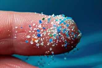 Small micro plastic particles on fingertip. KI generiert, generiert, AI generated
