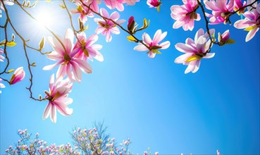 Pink magnolia tree branches laden with blossoms against a bright blue sky AI generated