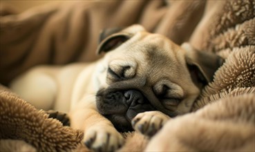 Sleepy pug puppy curled up in a soft bed AI generated
