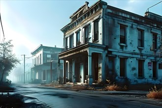 Abandoned building in a ghost town in post apocalyptic silence, AI generated