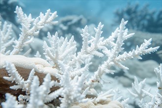 White bleached coral reef caused by change in ocean temperature. KI generiert, generiert, AI