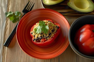 A colorful dish featuring a stuffed bell pepper with quinoa and beans on a red plate, AI generated
