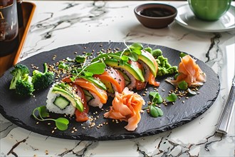 Delicious sushi with avocado and salmon displayed on a slate plate with sides of wasabi and ginger,