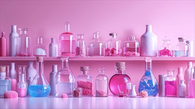 Elegant science laboratory glassware arranged neatly on shelves with a soft pink tone, ai