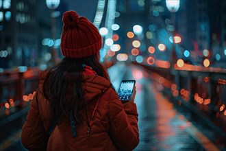 Woman in red jacket standing on a bridge at night, looking at phone with city lights blurred in