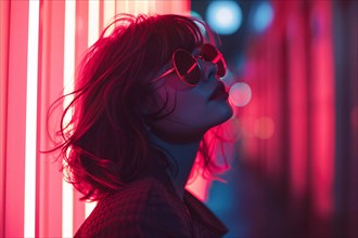 A woman with heart-shaped sunglasses stands under neon lights, exuding a cool, mysterious city