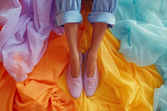 Pastel colored fabrics envelop a pair of ballet flats in a harmonious, soft setting, AI generated