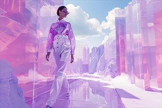 Woman in pink and white fashion standing between mirrored walls, AI generated