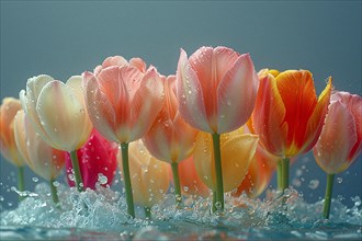 Colorful tulips with water droplets and splashes around, AI generated
