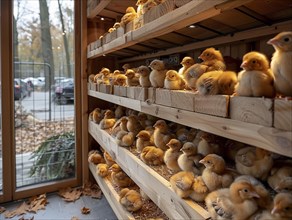 Rows of young chicks on wooden shelves in a warm indoor setting, AI generiert, AI generated