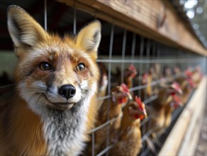 Fox looks through a grille into a chicken coop, AI generates, AI generates