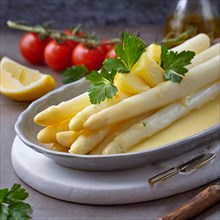 Fresh white asparagus served on a plate garnished with melted butter and parsley, hollandaise
