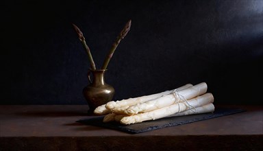 Asparagus spears in a decorative vase on dark wood, shadow play included, AI generated, AI