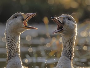 Two geese communicate loudly with open beaks, surrounded by splashing water, AI generated, AI