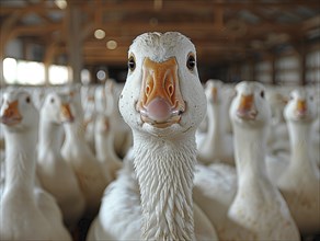 A group of geese in a barn look curiously at the camera, AI generated, AI generated, AI generated