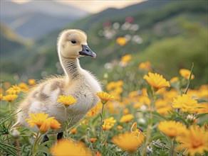 A chick surrounded by yellow flowers in a meadow with green hills in the background, AI generated,