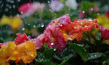 Raindrops falling on colorful spring flowers in a garden AI generated