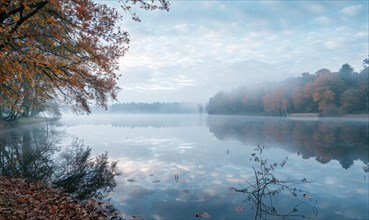 The lake shrouded in mist during a crisp autumn morning AI generated