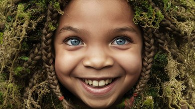 Smiling child with bright blue eyes surrounded by moss, conveying a sense of joy and playfulness,
