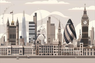 Flat design illustration of a cityscape with iconic urban landmarks and architectural features,
