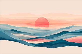 Stylized minimalistic waves under a pastel sunset, conveying a sense of tranquility, illustration,