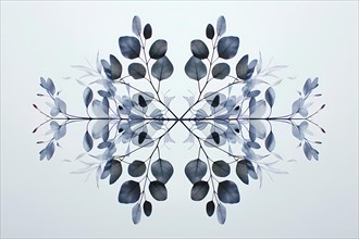 Symmetrical illustration of blue leaves on branches creating a mirrored effect, illustration, AI